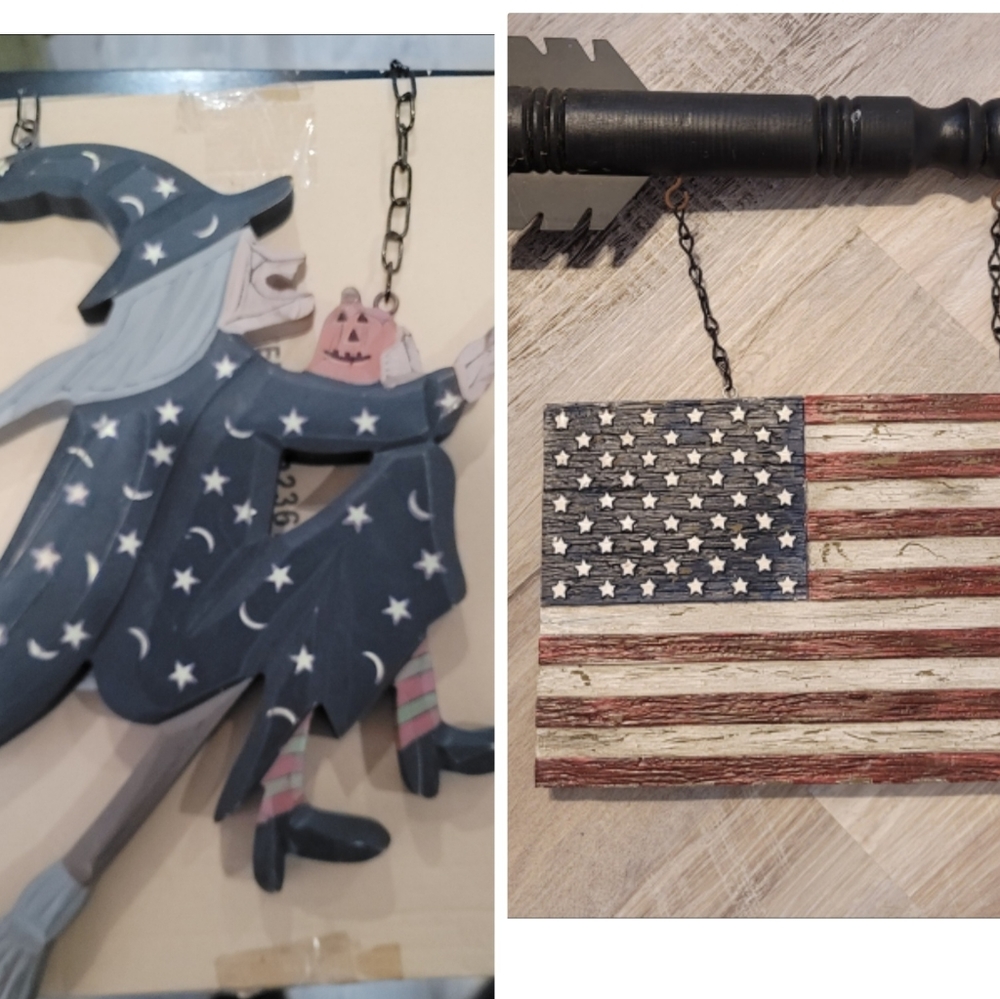YOU ARE PURCHASING TWO WITCH, USA FLAG AND WOOD HANGER